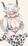  1girl acesrulez animal_ears animal_print bikini black_horns blush breasts brown_eyes brown_ribbon cow_print cow_print_bikini cow_print_gloves cow_print_thighhighs cow_tail elbow_gloves extra_ears gloves grey_horns hair_over_one_eye highres horns huge_breasts kemono_friends kemono_friends_3 long_hair looking_at_viewer multicolored_horns ox_ears ox_girl ox_horns print_bikini print_gloves print_thighhighs ribbon smile solo swimsuit tail thighhighs twintails very_long_hair white_hair yak_(kemono_friends) 