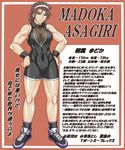  abs bare_legs bare_shoulders bike_shorts blue_eyes bodysuit breasts brown_hair character_name cleavage hands_on_hips high_collar muscle original popped_collar see-through shoes short_hair shorts skin_tight sneakers taroimo_(00120014) text translation_request wrestler wrestling_outfit wristband 