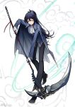  1boy argalia_(project_moon) argalia_(project_moon)_(cosplay) ascot black_eyes black_hair black_pants blue_cape blue_jacket cape closed_mouth cosplay full_body half_updo heterochromia highres holding holding_scythe hong_lu_(project_moon) jacket library_of_ruina limbus_company long_hair male_focus mell_716 pants project_moon scythe simple_background smile solo standing very_long_hair white_ascot white_background 