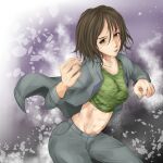  1girl abs breasts brown_eyes brown_hair commentary_request feet_out_of_frame fighting_stance green_tank_top grey_jacket grey_pants hair_between_eyes hands_up jacket long_sleeves looking_at_viewer medium_breasts medium_hair midriff navel open_clothes open_jacket pants parted_lips shin_(highest1192) solo stomach tank_top teshio_megumi toaru_majutsu_no_index toaru_majutsu_no_index:_old_testament toned 