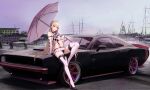  1girl absurdres alternate_costume black_panties blonde_hair breasts car checkered_clothes commission dodge_challenger elbow_gloves fingerless_gloves gloves goddess_of_victory:_nikke harbor high_heels highres holding holding_umbrella horns kcar66t leaning_against_vehicle leaning_back long_hair looking_at_viewer miniskirt motor_vehicle nail_polish navel open_mouth outdoors panties pink_eyes pink_horns pink_nails pleated_skirt race_queen revealing_clothes sideboob skirt sleeveless sleeveless_turtleneck solo thighhighs turtleneck umbrella underboob underwear very_long_hair viper_(nikke) yacht 