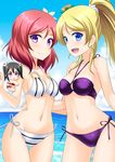  :d ayase_eli beach bibi_(love_live!) bikini blonde_hair blue_eyes chibi cutie_panther day halterneck hand_on_another's_hip long_hair love_live! love_live!_school_idol_project masakichi_(crossroad) minigirl multiple_girls navel nishikino_maki ocean open_mouth outdoors ponytail purple_eyes red_hair short_hair side-tie_bikini smile swimsuit water yazawa_nico 