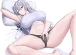 1girl armpits azur_lane bare_legs black_panties breasts closed_mouth commentary_request female_masturbation fingering grey_hair hand_in_panties highres large_breasts lom_(lom_lom_8) long_hair looking_at_viewer lying masturbation mole mole_under_eye navel on_back panties pillow red_eyes shirt solo sovetskaya_rossiya_(azur_lane) stomach thighs underwear white_shirt 