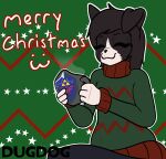 anthro beverage black_body black_fur border_collie canid canine canis christmas christmas_clothing clothed clothing collie container digital_drawing_(artwork) digital_media_(artwork) domestic_dog doug_(dugdog) dugdog english_text eyes_closed flat_colors fur hair herding_dog hi_res holding_container holding_mug holding_object holidays male mammal mug multicolored_body multicolored_fur pastoral_dog sheepdog signature simple_background smile solo text topwear white_body white_fur