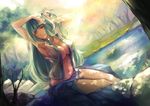  armpits arms_up breasts cleavage dappled_sunlight forest frog_hair_ornament green_hair hair_ornament hair_tubes highres kalalasan kochiya_sanae large_breasts lips long_hair nature navel no_bra open_clothes open_shirt river rock scenery shirt sitting skirt sleeveless smile solo sunlight thighs touhou tree water yellow_eyes 