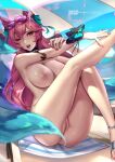  1girl absurdres ahri_(league_of_legends) animal_ears armlet artist_name ass beach bell blue_bow blue_sky blue_tail bow breasts censored cian_yo commentary day ear_bell english_commentary facial_mark fox_ears fox_girl fox_tail hair_bell hair_bow hair_ornament hand_on_own_arm highres kitsune knee_up large_breasts league_of_legends leg_up long_hair looking_at_viewer mosaic_censoring multiple_tails nipples nude one_eye_closed open_mouth outdoors outstretched_arm patreon_logo pink_eyes pixiv_logo purple_hair pussy sitting sky solo spirit_blossom_ahri striped striped_bow tail thigh_bow thigh_strap whisker_markings wrist_bow 