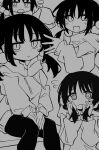  1girl absurdres black_hair chibi closed_mouth expressionless hair_bobbles hair_ornament hands_in_hair highres hood hoodie inabakumori kaai_yuki kurogane_vipers monochrome multiple_views nukunuku_nigirimeshi_(style) open_mouth parody relayouter_(vocaloid) short_twintails style_parody twintails vocaloid 