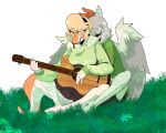 5_fingers accessory acoustic_guitar alpha_channel amber_(snoot_game) anthro blonde_hair blue_body blue_scales blush bone_frill bottomwear bow_ribbon bra_strap breasts clothed clothing colored dinosaur duo embrace eyes_closed feathered_wings feathers feet female female/female fingers frill_(anatomy) grass grey_body grey_feathers guitar hadrosaurid hair hair_accessory hair_bow hair_ribbon hairband hi_res holding_guitar hug hugging_from_behind humanoid_feet interspecies jacket long_tail melissa_(snoot_game) musical_instrument on_grass on_ground orange_body orange_scales ornithischian parasaurolophus plant plantigrade playing_guitar playing_music plucked_string_instrument pterodactylus pterosaur reptile ribbons sahara_congo_bongo scales scalie shorts silver_hair simple_background sitting skirt snoot_game string_instrument sweater tail topwear transparent_background white_body white_scales wings yellow_eyes