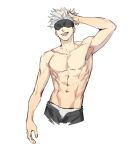  1boy abs black_pants blindfold gojou_satoru highres jujutsu_kaisen looking_at_viewer male_focus male_underwear muscular muscular_male open_mouth pants pectorals satsuki_g short_hair solo spiked_hair teeth underwear upper_body upper_teeth_only white_hair white_male_underwear 