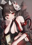  1girl absurdres animal_ear_fluff animal_ears azur_lane bare_shoulders black_hair breasts cat_ears cat_mask center_opening cleavage crossed_legs detached_sleeves gradient_legwear hand_on_own_cheek hand_on_own_face highres japanese_clothes kimono large_breasts looking_at_viewer mask mask_on_head pale_skin red_eyes red_thighhighs short_hair sitting solo thighhighs torn_clothes torn_thighhighs wide_sleeves yamaha_tsui yamashiro_(meta)_(azur_lane) 
