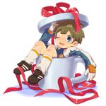  blue_eyes brown_hair cup full_body hirano_kei inazuma_eleven inazuma_eleven_(series) male_focus mug open_mouth oversized_object ribbon smile soccer_uniform solo sportswear tachimukai_yuuki 