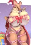 absurd_res anthro areola biped breasts brown_body christmas christmas_clothing christmas_headwear clothing eyelashes female fur hat hazel_(shakotanbunny) headgear headwear hi_res holidays lagomorph leporid mammal nipples pupils rabbit saasmimz santa_hat solo thick_thighs