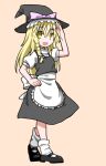  1girl :d apron black_footwear black_headwear black_skirt black_vest blonde_hair bow braid breasts brown_background commentary_request cookie_(touhou) frilled_skirt frills full_body hair_bow hand_on_own_hip hat hat_bow highres kakusou kirisame_marisa long_hair looking_at_viewer mary_janes open_mouth pink_bow puffy_short_sleeves puffy_sleeves salute shirt shoes short_sleeves simple_background single_braid skirt skirt_set small_breasts smile socks solo touhou turtleneck uzuki_(cookie) vest waist_apron walking white_apron white_shirt witch_hat yellow_eyes 