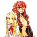 blonde_hair bolt breasts franken_fran grin headphones height_difference jacket madaraki_fran madaraki_gavrill medium_breasts multiple_girls navel open_clothes open_jacket phuphu red_eyes red_hair siblings sisters smile stitches yellow_eyes 