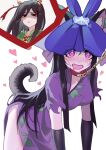  2girls absurdres ailu_elf animal_collar animal_ears black_hair blush chain collar dog_ears dog_tail flower flower_on_head highres horns long_hair multiple_girls nippaku_zanmu oni_horns open_mouth purple_eyes purple_flower red_eyes shaded_face simple_background sketch smile tagme tail touhou white_background yellow_horns yomotsu_hisami 