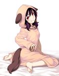  animal_costume animal_ears bad_id bad_pixiv_id barefoot bed_sheet black_hair blush dog_costume dog_ears dog_tail grin hood looking_back original pajamas purple_hair red_eyes sakumo_(karatama) short_hair sitting smile solo tail wariza 