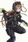  1girl absurdres ahoge belt black_bodysuit bodysuit breasts brown_hair floating_hair glasses gloves goggles goggles_on_head grin hand_up highres knee_pads long_hair looking_at_viewer persona persona_5 purple_eyes s-m-53413 sakura_futaba simple_background small_breasts smile solo teeth very_long_hair white_background 