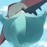2020 ambiguous_gender blue_sky butt butt_focus cloud cotora detailed_background dragapult featureless_crotch feral fingerless_(marking) for_a_head foreshortening generation_8_pokemon hi_res legs_up low-angle_view midair nintendo object_head open_mouth perspective plantigrade pokemon pokemon_(species) scalie sky spread_legs spreading tail worm&#039;s-eye_view