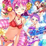  :d aida_mana ball beachball bikini blush brown_hair buntan cloud day dokidoki!_precure flower gun hair_flower hair_ornament heart innertube jewelry kenzaki_makoto long_hair madoka_aguri multiple_girls one_eye_closed open_mouth pendant pink_eyes pink_hair precure purple_eyes purple_hair short_hair smile swimsuit weapon 