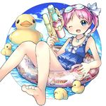  barefoot blue_eyes day goggles goggles_on_head highres innertube legs nekito ocean one_eye_closed original pink_hair rubber_duck short_hair sky solo swimsuit toes twintails water_gun 