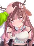  1girl animal_ears antlers blue_eyes blush braid brown_hair crop_top deer_antlers deer_ears exitus flower gradient_eyes hair_flower hair_ornament hairclip headpat highres jacket kannazuki_lubee long_hair multicolored_eyes open_clothes open_jacket pink_eyes pink_flower pink_hair pov side_braids solo yeib 