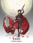  black_hair cape character_name copyright_name crescent_rose dress flower full_moon highres mitsuki_hana moon pantyhose petals rose rose_petals ruby_rose rwby scythe short_hair skirt snowing solo weapon 