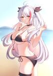  1girl absurdres ahoge ass azur_lane beach bikini black_bikini black_choker blurry blurry_background bow breasts choker cowboy_shot day hair_bow hands_up highres large_breasts long_hair looking_back moyoron multicolored_hair ocean parted_lips prinz_eugen_(azur_lane) prinz_eugen_(unfading_smile)_(azur_lane) side-tie_bikini_bottom sideboob skindentation sky solo strap_gap streaked_hair swimsuit thigh_strap twisted_torso two_side_up very_long_hair white_hair yellow_eyes 