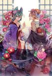  amayumerou_(vocaloid) blonde_hair blue_eyes butterfly_hair_ornament camellia collarbone comb flower green_eyes green_hair hair_flower hair_ornament hair_stick hairclip hakoiri_nekohime hands_together hatsune_miku japanese_clothes kagamine_rin kanzashi kimono long_hair multiple_girls obi off_shoulder peony_(flower) profile sash sitting soaking_feet very_long_hair vocaloid water yuujo 