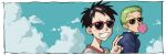  2boys black_hair blue_shirt blue_sky bubble_blowing chewing_gum cloud collared_shirt green_hair male_focus monkey_d._luffy multiple_boys nsozp one_piece red-framed_eyewear roronoa_zoro scar scar_on_cheek scar_on_face shirt short_hair sideburns sky smile sparkle sunglasses teeth upper_body v white_shirt yellow-framed_eyewear 