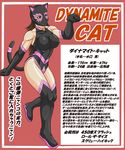  1girl animal_ears bare_shoulders boots breasts brown_hair cat_ears cat_tail character_name choker curvy elbow_gloves fake_animal_ears fake_tail gloves large_breasts leotard long_hair mask muscle original paw_pose pose purple_eyes tail taroimo_(00120014) text thigh_boots thighhighs thighs translation_request zettai_ryouiki 