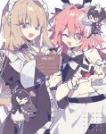  &gt;_&lt; 4boys :d ;d =_= alternate_costume animal_ears apron astolfo_(fate) astolfo_(saber)_(fate) bare_shoulders belt black_belt black_bow black_bowtie black_coat black_dress black_hairband black_shirt black_skirt blonde_hair blue_eyes blunt_bangs bow bowtie butler center_frills charlemagne_(fate) closed_eyes coat collared_dress collared_shirt crop_top crossdressing dress enmaided fake_animal_ears fate/grand_order fate_(series) flying_sweatdrops frilled_apron frilled_sleeves frills hair_between_eyes hair_bow hair_intakes hairband hand_up heart heart_hands highres holding holding_plate index_finger_raised juliet_sleeves long_hair long_sleeves looking_at_viewer low-tied_sidelocks maid maid_headdress male_focus male_maid menu midriff multicolored_hair multiple_boys navel noah_(fate) one_eye_closed open_clothes open_coat open_mouth otoko_no_ko outline pink_hair plate puff_of_air puffy_sleeves rabbit_ears riding roots_(hair) sen_(5710265) shirt short_hair simple_background skirt sleeveless sleeveless_shirt smile sparkle_background streaked_hair suit tai_gong_wang_(fate) tapir traditional_bowtie twintails waist_apron white_apron white_background white_hair white_outline wide_sleeves wing_collar wrist_cuffs 