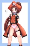  blush brown_eyes brown_hair condom condom_in_mouth fingerless_gloves gloves guilty_gear hat long_hair may_(guilty_gear) mouth_hold one_eye_closed orange_hat orange_shirt panties pink_panties pirate_hat ponytail pussy_juice saba_kan shirt smile solo underwear very_long_hair vibrator 