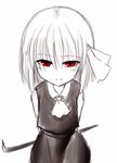  arms_behind_back ascot crowbar dress evil_smile hair_ribbon iruru5666 monochrome red_eyes ribbon rumia short_hair sketch smile solo spot_color touhou white_background yandere 