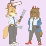 anthro canid canine chainsaw chainsaw_man clothing cosplay denji_(chainsaw_man) duo ekaki510 ellipsis fake_horns female footwear fox kemono mammal power_(chainsaw_man) power_tool raccoon_dog shoes tanuki tools