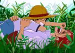  2boys aged_down black_hair child closed_eyes commentary facial_hair grass hat highres keppon male_focus monkey_d._luffy multiple_boys one_piece open_mouth outdoors red_hair scar scar_across_eye scar_on_face shanks_(one_piece) shirt short_hair short_sleeves smile straw_hat teeth white_shirt 