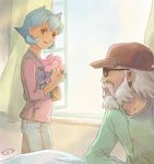  beard endou_daisuke facial_hair flower green_hair hat inazuma_eleven inazuma_eleven_(series) male_focus mizuhara_aki multiple_boys rococo_urupa window 