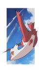 absurdres animal_focus blue_sky border closed_mouth cloud flying from_below full_body highres latias looking_at_viewer no_humans outside_border pokemon pokemon_(creature) sky smile solo white_border yellow_eyes yumeminoideyu2 