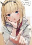  1girl ascot blonde_hair blue_eyes blurry blush depth_of_field hand_on_own_cheek hand_on_own_face headgear index_finger_raised kantai_collection long_sleeves looking_at_viewer one-hour_drawing_challenge open_mouth red_ascot rodney_(kancolle) short_hair solo speech_bubble translation_request uniform upper_body yamashichi_(mtseven) 