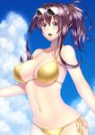  bikini blue_eyes blush breasts brown_hair cloud covered_nipples day eyewear_on_head kai_(link2262) large_breasts long_hair navel open_mouth original ponytail side-tie_bikini sky solo sunglasses swimsuit yellow_bikini 