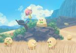  branch bright_pupils brown_eyes bush cloud commentary_request day drifloon highres litleo looking_up mokukitusui nest no_humans outdoors pokemon pokemon_(creature) rock rowlet sky standing walking white_pupils 