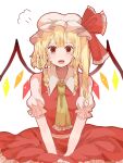  1girl :o ascot blonde_hair bow collared_shirt commentary_request crystal_wings flandre_scarlet frilled_ascot frilled_bow frilled_shirt_collar frilled_skirt frills hat hat_bow highres looking_at_viewer medium_hair mob_cap puffy_short_sleeves puffy_sleeves red_bow red_eyes red_skirt red_vest shamo_tarou shirt short_sleeves side_ponytail simple_background skirt skirt_set solo touhou vest white_background white_headwear white_shirt yellow_ascot 
