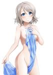  areolae bare_shoulders blue_eyes blue_towel blush breasts collarbone covering covering_breasts grey_hair grin holding holding_towel looking_at_viewer love_live! love_live!_sunshine!! medium_breasts miel_(lessontome) nipples nude simple_background smile solo towel watanabe_you wet white_background 