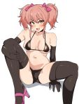  1girl :d absurdres bare_shoulders bikini black_bikini black_gloves black_thighhighs blish blush bow breasts cleavage collarbone elbow_gloves gloves hair_bow hair_ornament high_heels highres idolmaster idolmaster_cinderella_girls jougasaki_mika large_breasts long_hair navel open_mouth pink_bow pink_hair seihekiog simple_background sitting smile stomach swimsuit thighhighs thighs twintails underboob white_background yellow_eyes 
