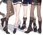  2boys 2girls bare_legs black_footwear black_shorts black_skirt boots cat_tail commentary_request freminet_(genshin_impact) furina_(genshin_impact) genshin_impact grey_thighhighs highres lynette_(genshin_impact) lyney_(genshin_impact) multiple_boys multiple_girls ojo_aa pantyhose short_shorts shorts simple_background skirt socks standing tail thighhighs thighs white_background white_socks 