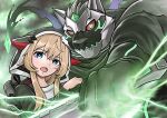  1boy 1girl animal_ears arm_around_shoulder blonde_hair blue_eyes claws colored_sclera commentary_request furry furry_male green_eyes holding holding_sword holding_weapon hood hood_up hooded_jacket incoming_attack jacket kemokemumaki live_a_hero looking_at_viewer melide_(live_a_hero) monomasa_(live_a_hero) red_sclera scar scar_on_face sword weapon wolf_boy wolf_ears 