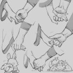  2girls animalization arknights choshanland_plushy_(arknights) dlanon dragon earclip greyscale headpat holding_hands long_sleeves monochrome muelsyse_(arknights) multiple_girls rabbit saria_(arknights) twitter_username 