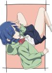  1girl blue_hair bocchi_the_rock! cosplay ear_piercing green_hoodie highres hood hoodie ijichi_nijika ijichi_nijika_(cosplay) looking_at_viewer medium_hair piercing red_ribbon ribbon school_uniform shimokitazawa_high_school_uniform wombass_07 yamada_ryo yellow_eyes 