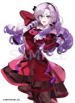  1girl black_gloves dress drill_hair gloves half_gloves hyakumantenbara_salome hyakumantenbara_salome_(1st_costume) juliet_sleeves long_hair long_sleeves nijisanji official_art open_mouth puffy_sleeves purple_eyes purple_hair red_dress sample_watermark simple_background smile solo virtual_youtuber wata_(attaka_towel) watermark white_background 