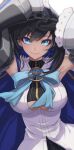  1girl arms_up black_hair blue_eyes bow bow_earrings breasts chain_headband clothing_cutout colored_inner_hair earrings hair_intakes highres hololive hololive_english jewelry large_breasts looking_at_viewer multicolored_hair ouro_kronii ouro_kronii_(1st_costume) re_(re_09) ribbon_earrings smile solo underboob_cutout upper_body virtual_youtuber wide_sleeves 