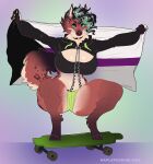 absurd_res anthro black_body black_fur black_nose bottomwear bra clothing collar colored_nails crouching demisexual_pride_colors ear_piercing female flag fur green_eyes green_hair hair hi_res hoodie hyena leg_tuft lgbt_pride longboard looking_at_viewer mammal maplepudding nails piercing pride_colors reyva shorts solo spots spotted_body spotted_fur tail topwear tuft underwear